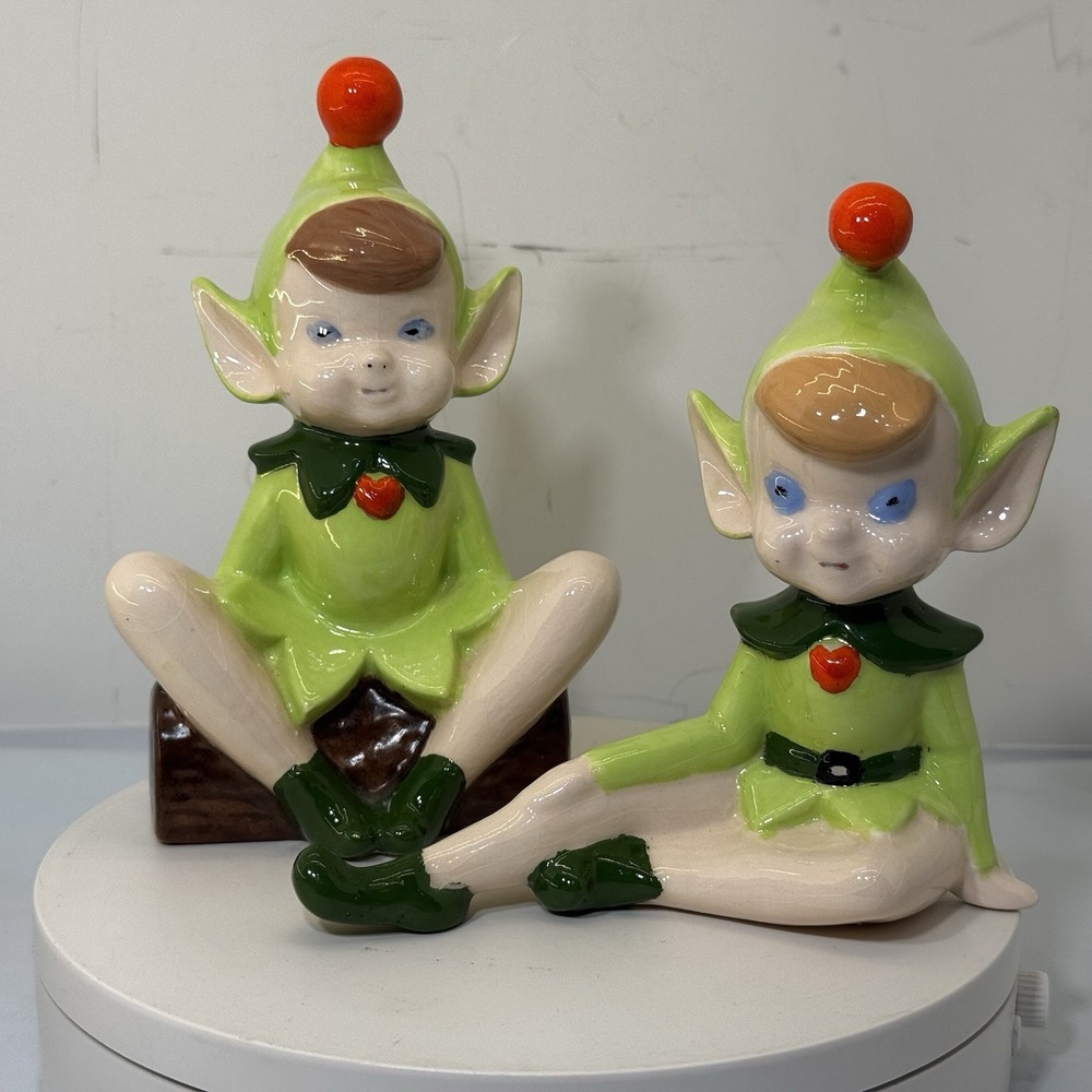 Vintage Hand Made/Painted Ceramic Elf Pixie Figurine Set Of 2 Christmas
